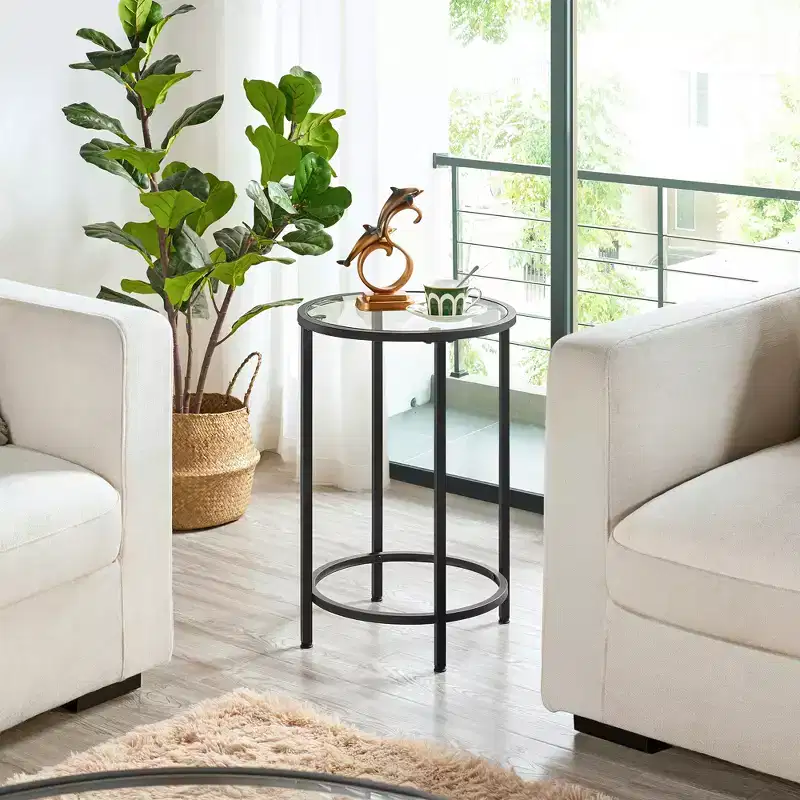 Round Accent Table with Glass Top and Metal Frame for Living Room