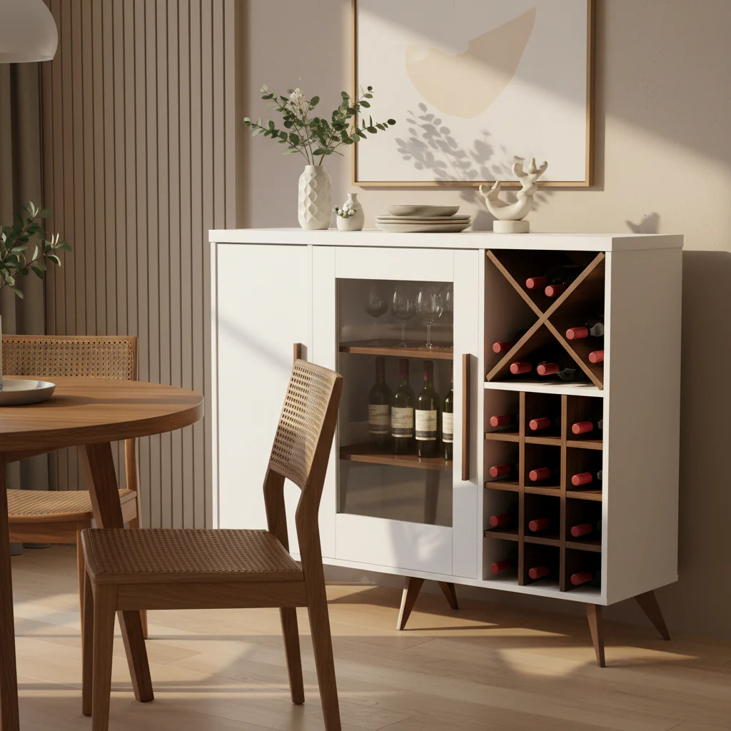 Dark Grey & Oak / White Brown Mid-Century Wine Cabinet with 24-Bottle Rack