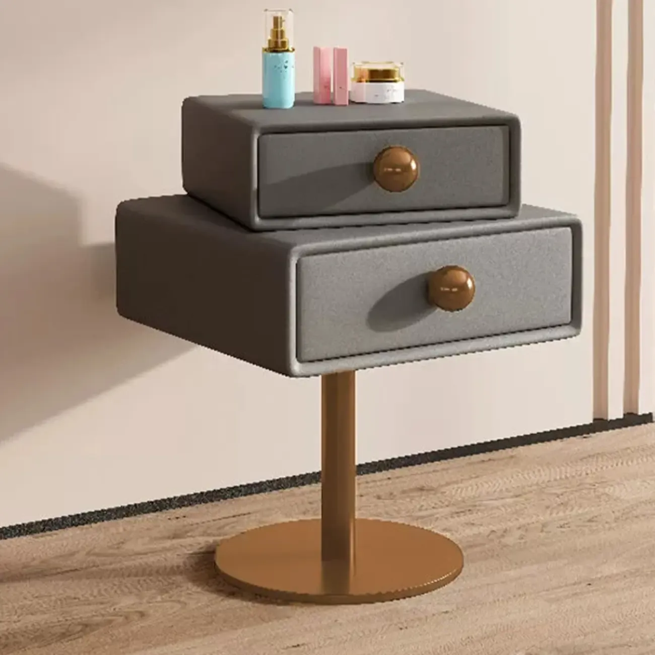 Modern Metal Faux Leather Swivel 2-Drawer Nightstand