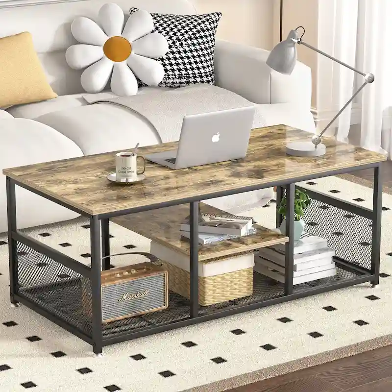 Industrial Rectangle Wood Coffee Table with Storage Shelf, Metal Frame Home Tea Table Desk