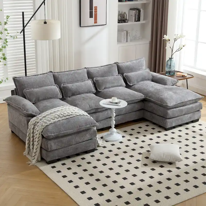 Chenille Upholstered U-Shaped Living Room Sectional Sofa With Wooden Legs