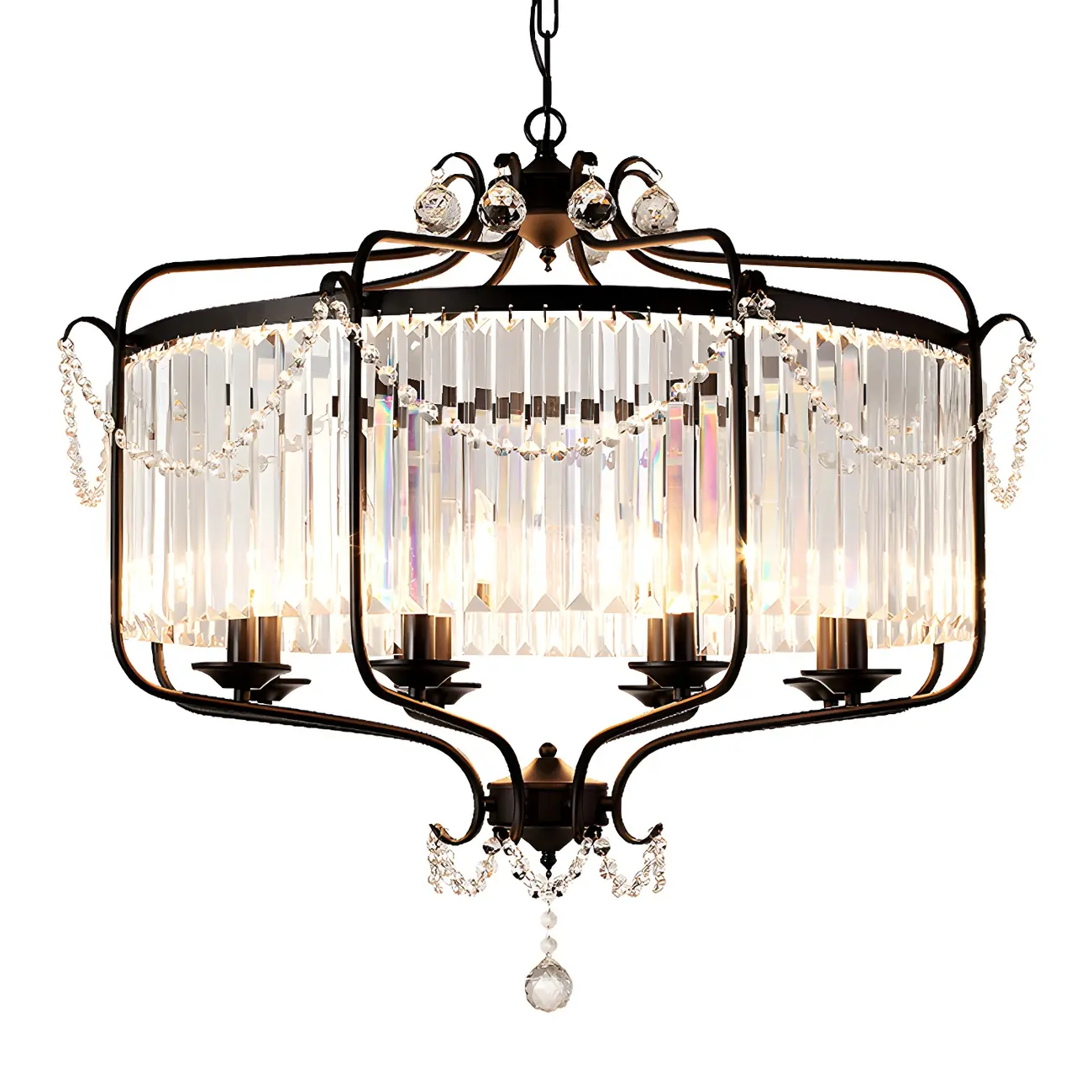 Modern Black Round Cylinder Metal Cage Crystal Chandelier