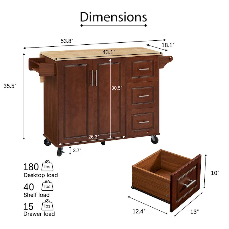 Kitchen Island with Drop Leaf Countertop and Rolling Cart