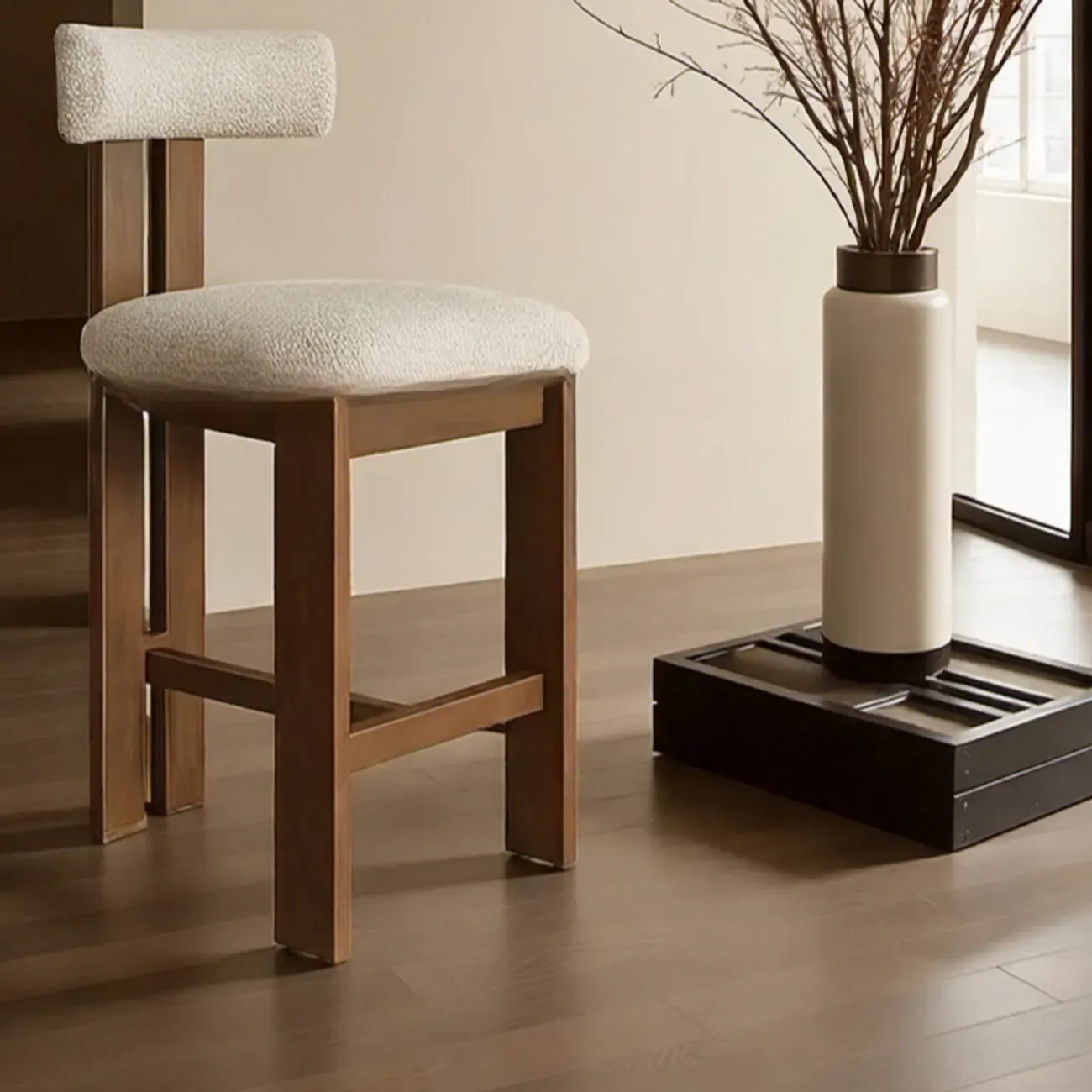 White Boucle Fabric Brown Wood Armless Bar Stools