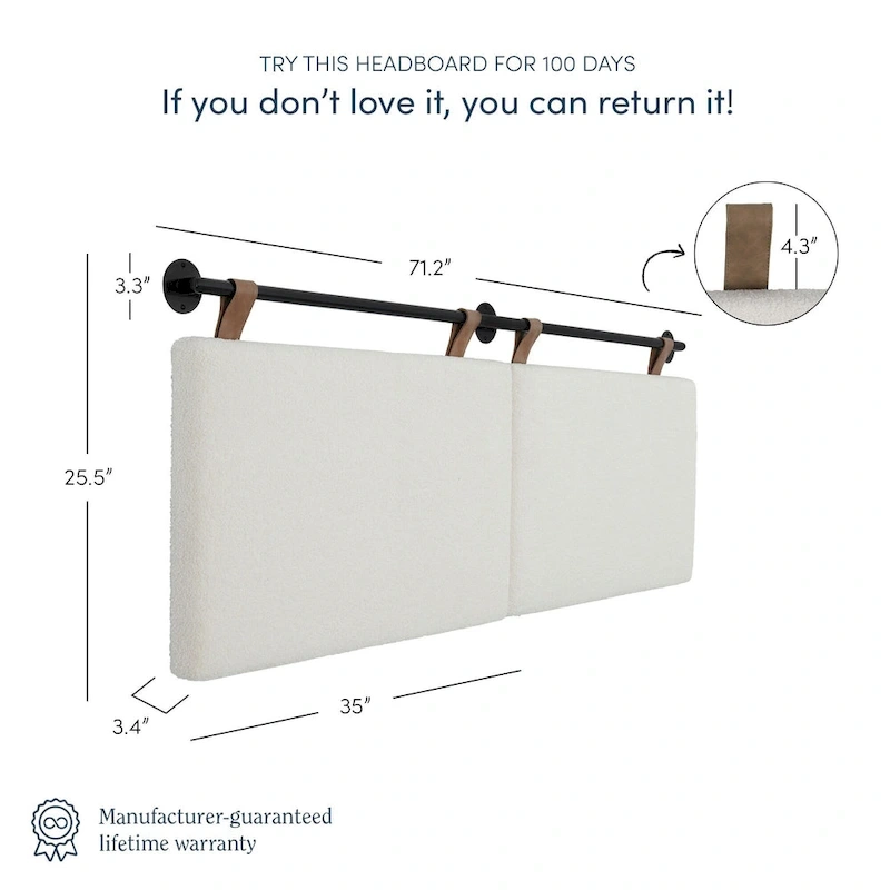 Charlie Wall Mount Boucle Upholstered Padded Headboard, Adjustable Height with Metal Rail