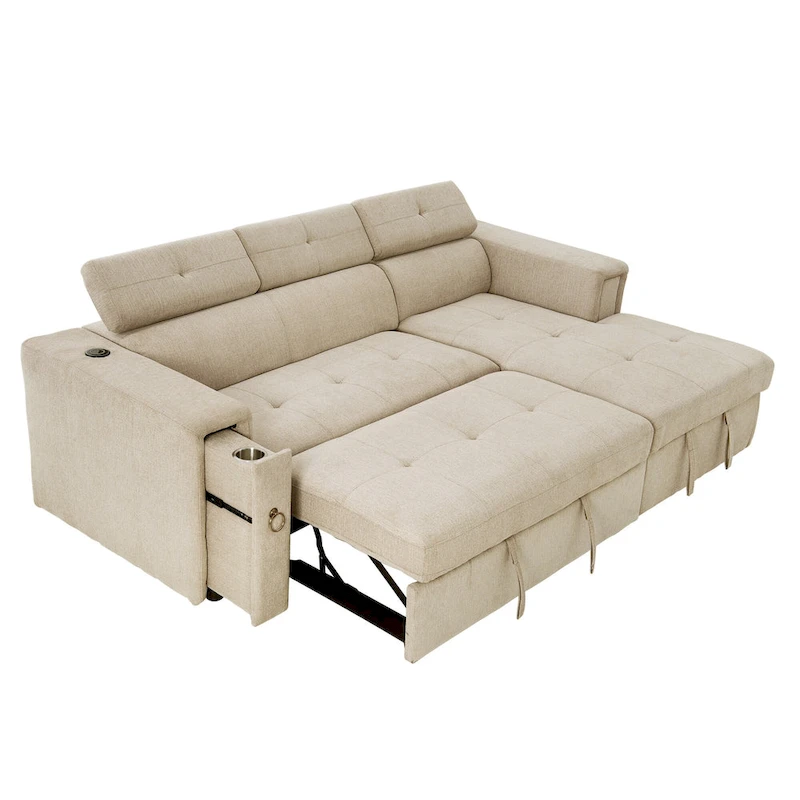 Beige L-Shape Sleeper Sectional Sofa with Adjustable Headrest & Charging