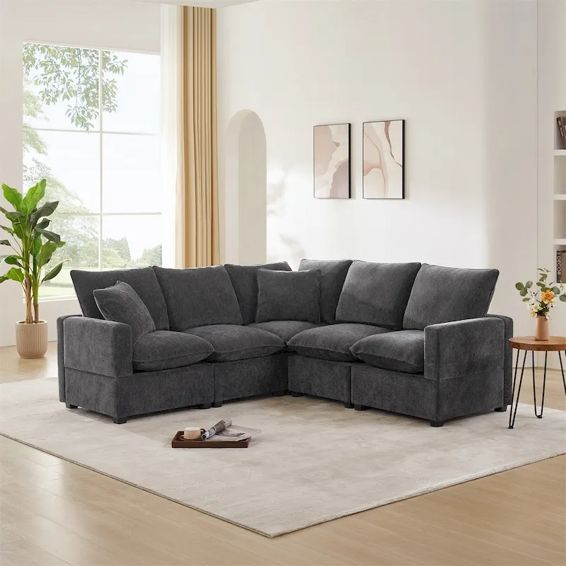 Modern L Shape Modular Sofa,Chenille Sectional Couch Set w/2 Pillows