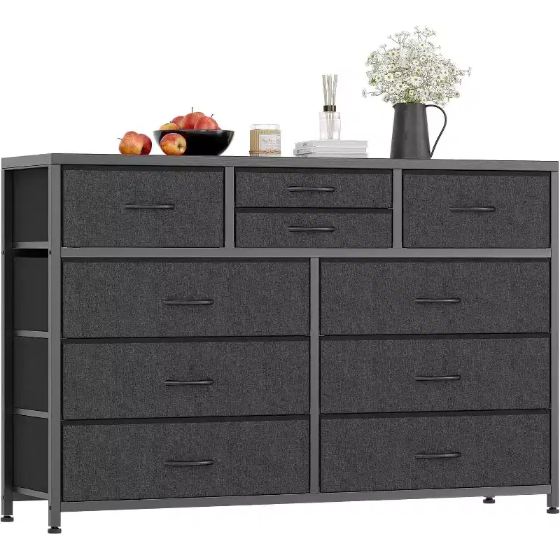 10-Drawer Fabric Dresser, Wood Top & Steel Frame — Black / Brown / Pink / White