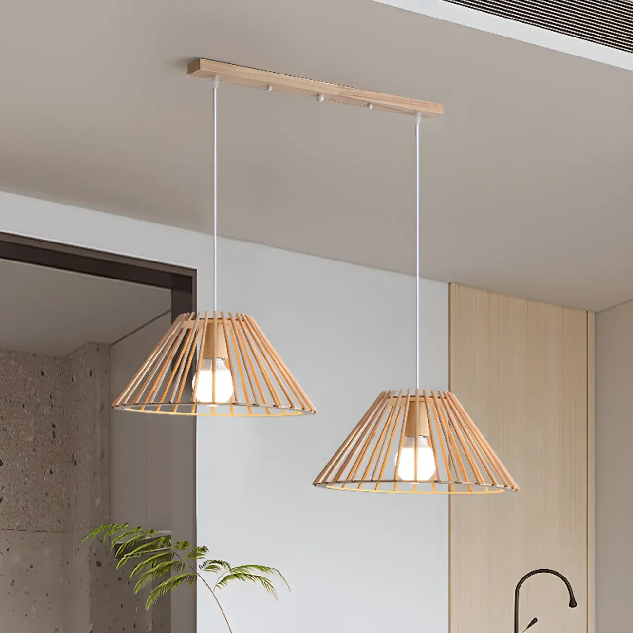 Glass Shade Wood Kitchen Island Pendant Light Adjustable Length