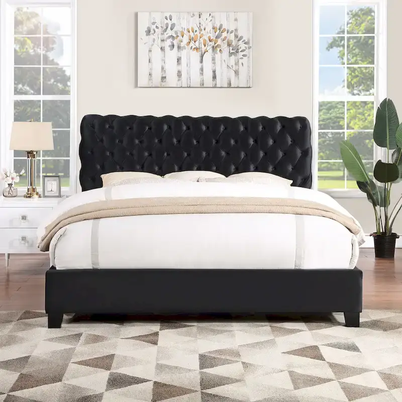 Velvet Upholstered Tufted Bed, King Size, Black