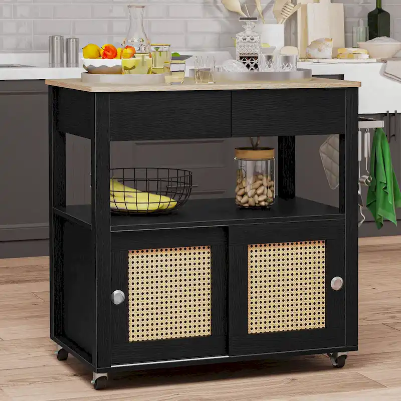 Rattan Rolling Kitchen Island with Storage Cabinet - 32.2L x19.5W x 35H