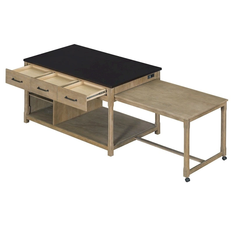 Retro Wooden Extendable Kitchen Island with Built-in Power Outlets and Drawers