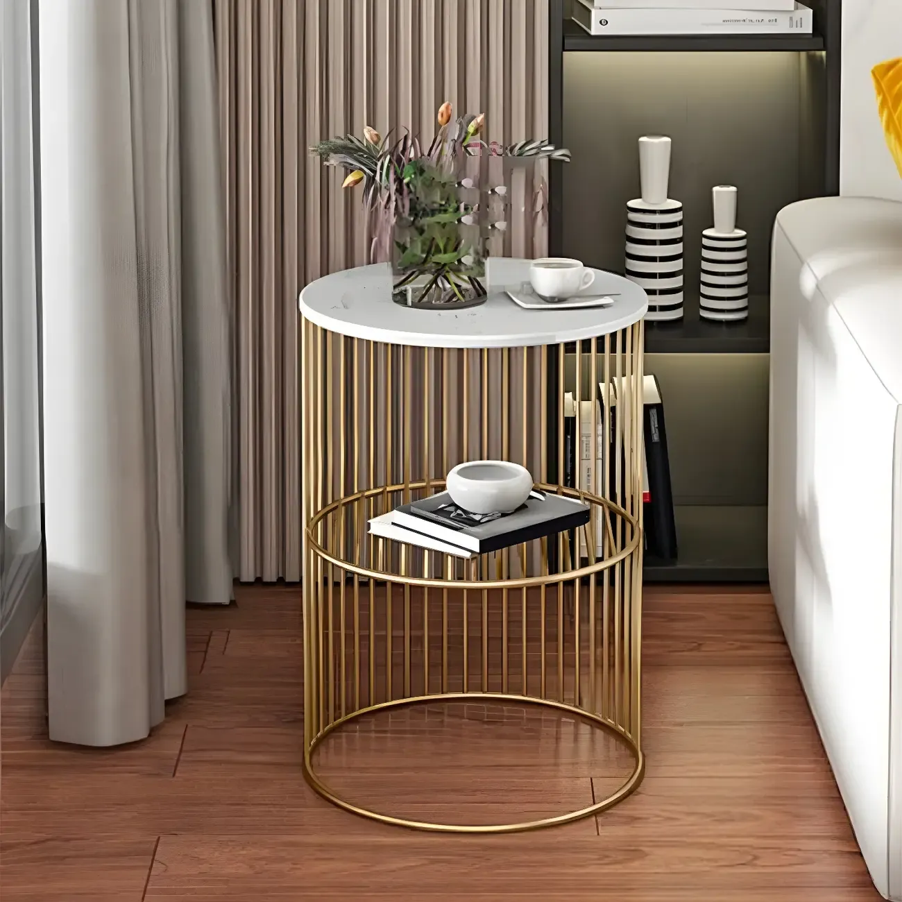 Modern Metal Bedside Table with Open Shelf in Cylindrical Shape