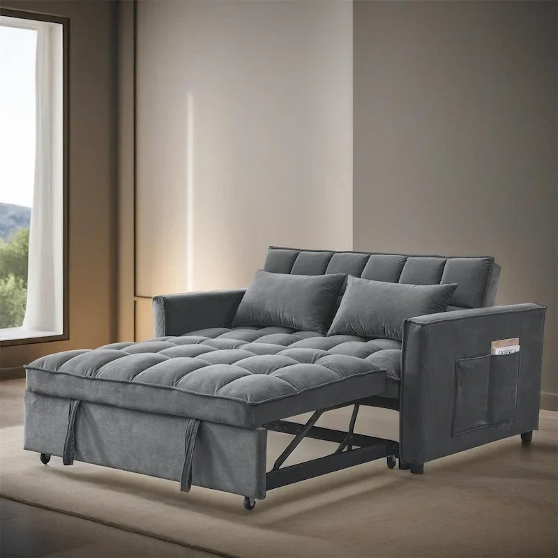 3-in-1 Convertible Velvet Sleeper Sofa – Grey / Black, Pull-Out Bed, 2-Seat