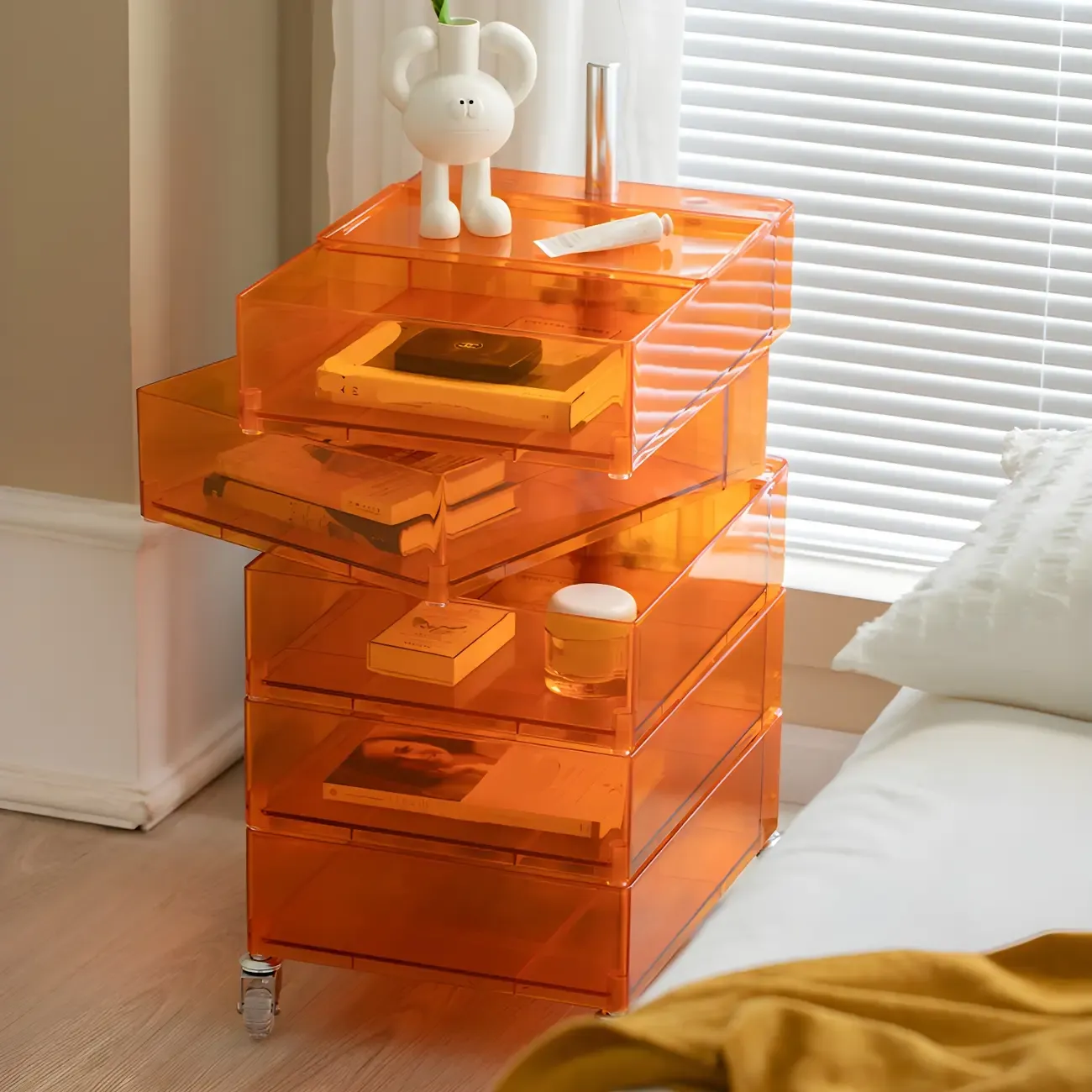 Vibrant Yellow Transparent Nightstand with Drawers and Wheels