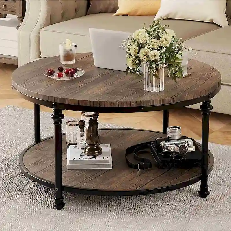 30.3in Wood Circle Coffee Table, with Storage Shelf, Metal Legs