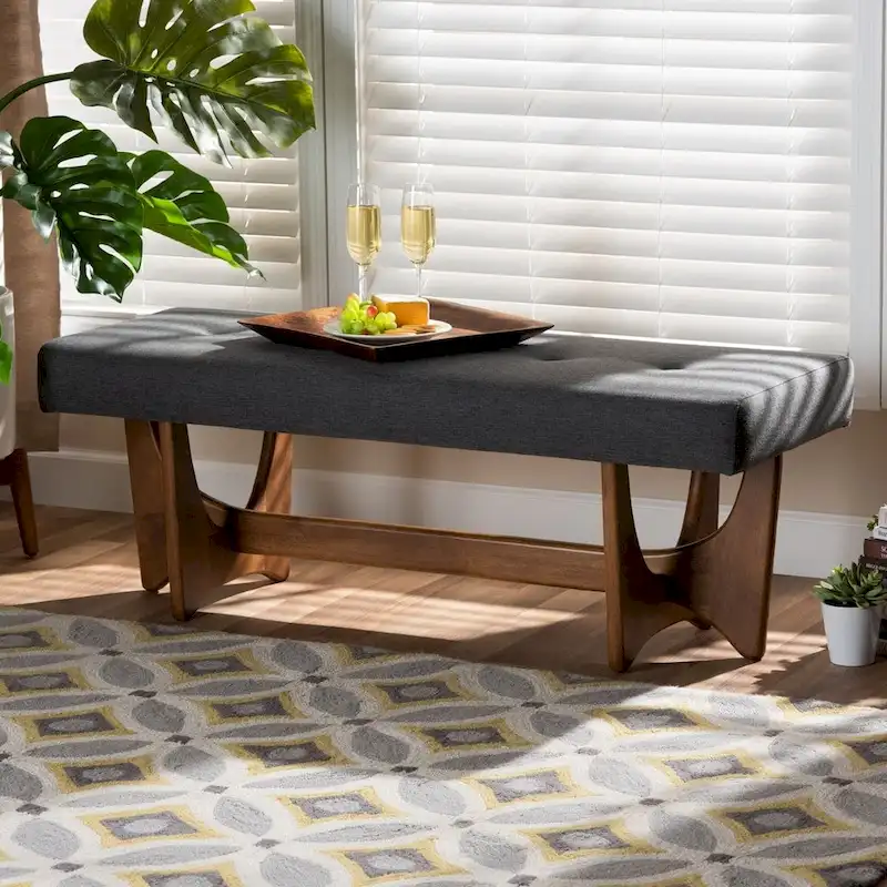 Theo Mid-Century Modern Fabric Upholstered Walnut Finished Bench - 17.9 High x 48.8 Wide x 18.3 Deep