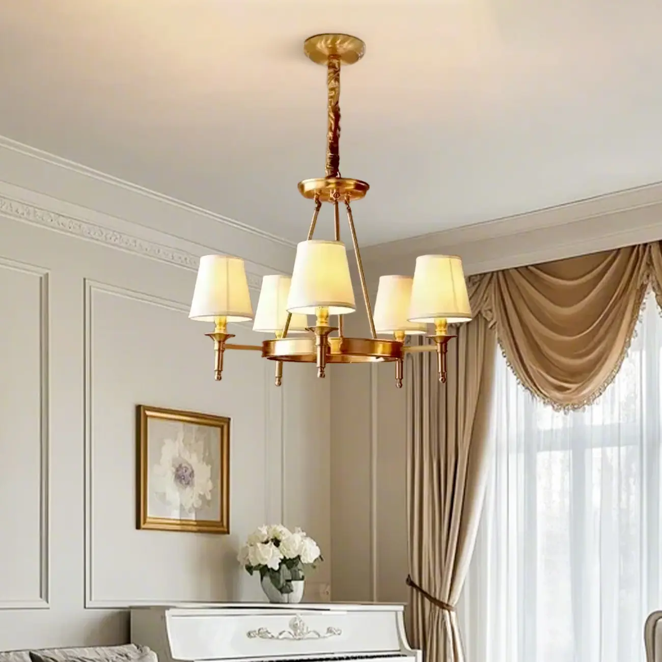 Vintage Gold Round Chandelier with Fabric Cone Lampshade