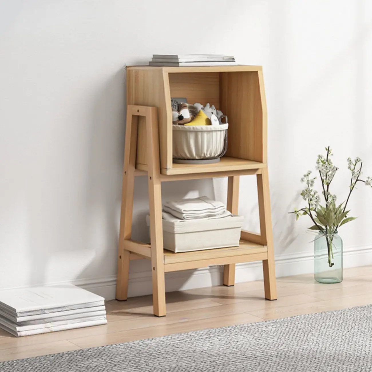 Narrow 2-Tier Natural White Wooden Ladder Bookcase