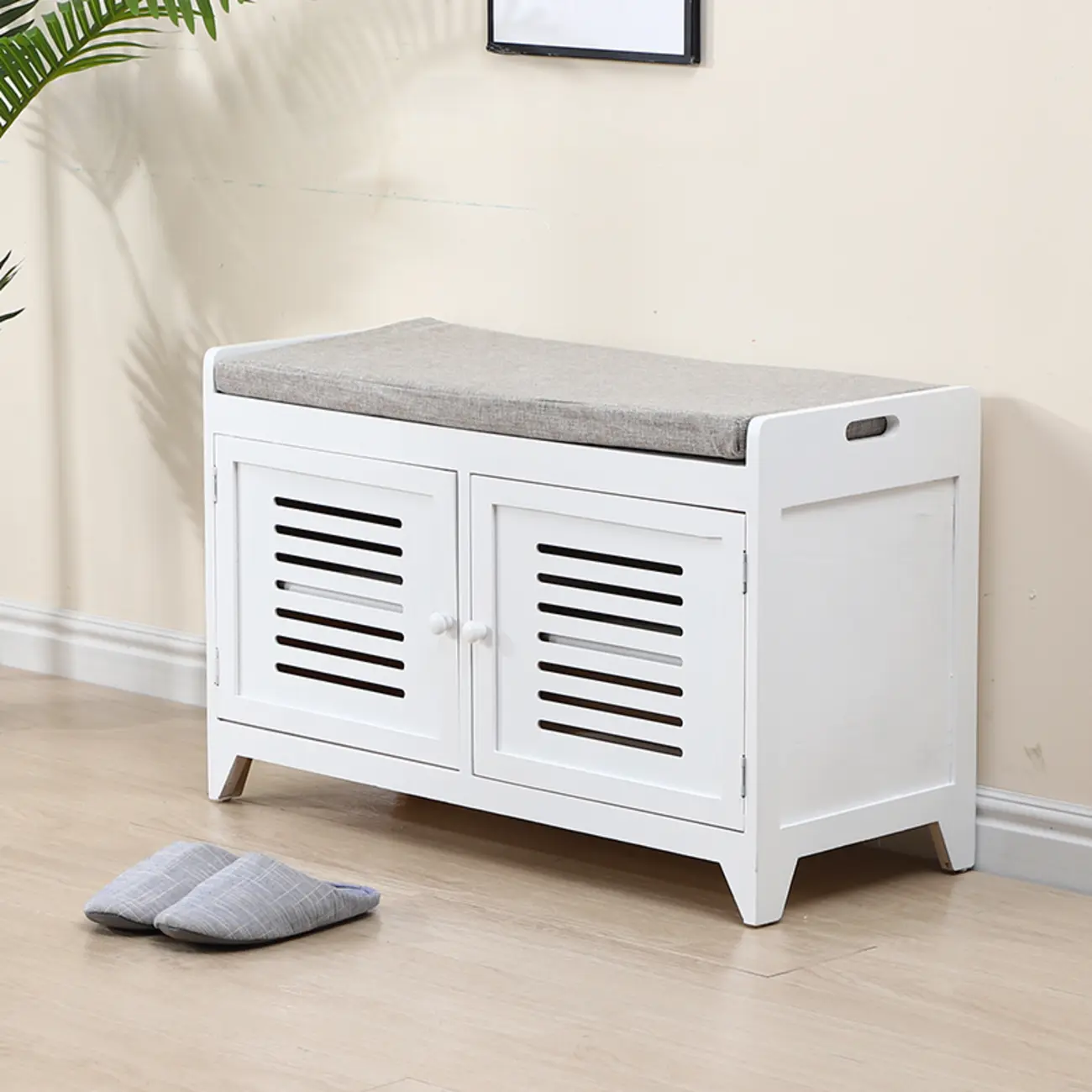 Entryway Wooden Cushioned Shoe Bench with Cabinet