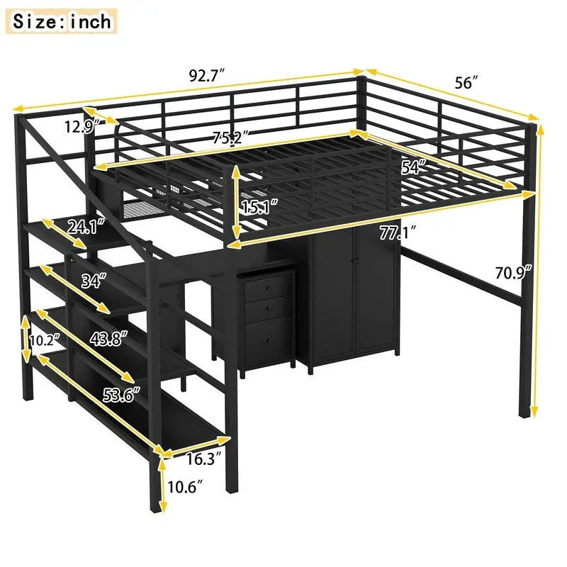 Full Size Metal Loft Bed With table set and wardrobe, Black