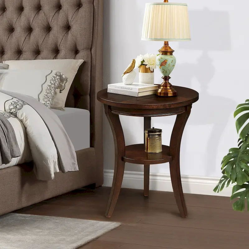 Wood Round End Table with Open Shelf