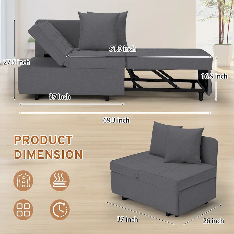 EROMMY Sleeper Sofa Chair Bed , Adjustable Backrest Pull Out Sofa Bed with Faux Linen Sofa Fabric