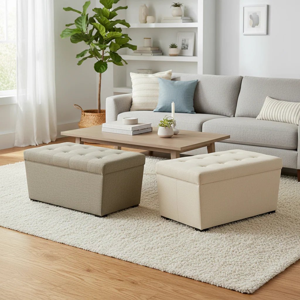 Tan / Brown / Charcoal 8-Button Tufted Storage Trunk Bench