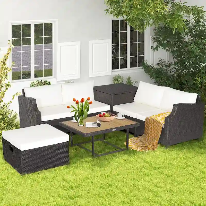 Costway 7pcs Patio Outdoor PE Wicker Cushioned Furniture Conversation - 35  x 27  x 15  (L x W x H)