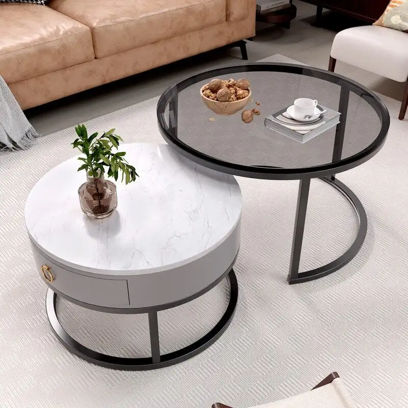 Modern Glass Waterproof Round Nesting Coffee Table with Drawer