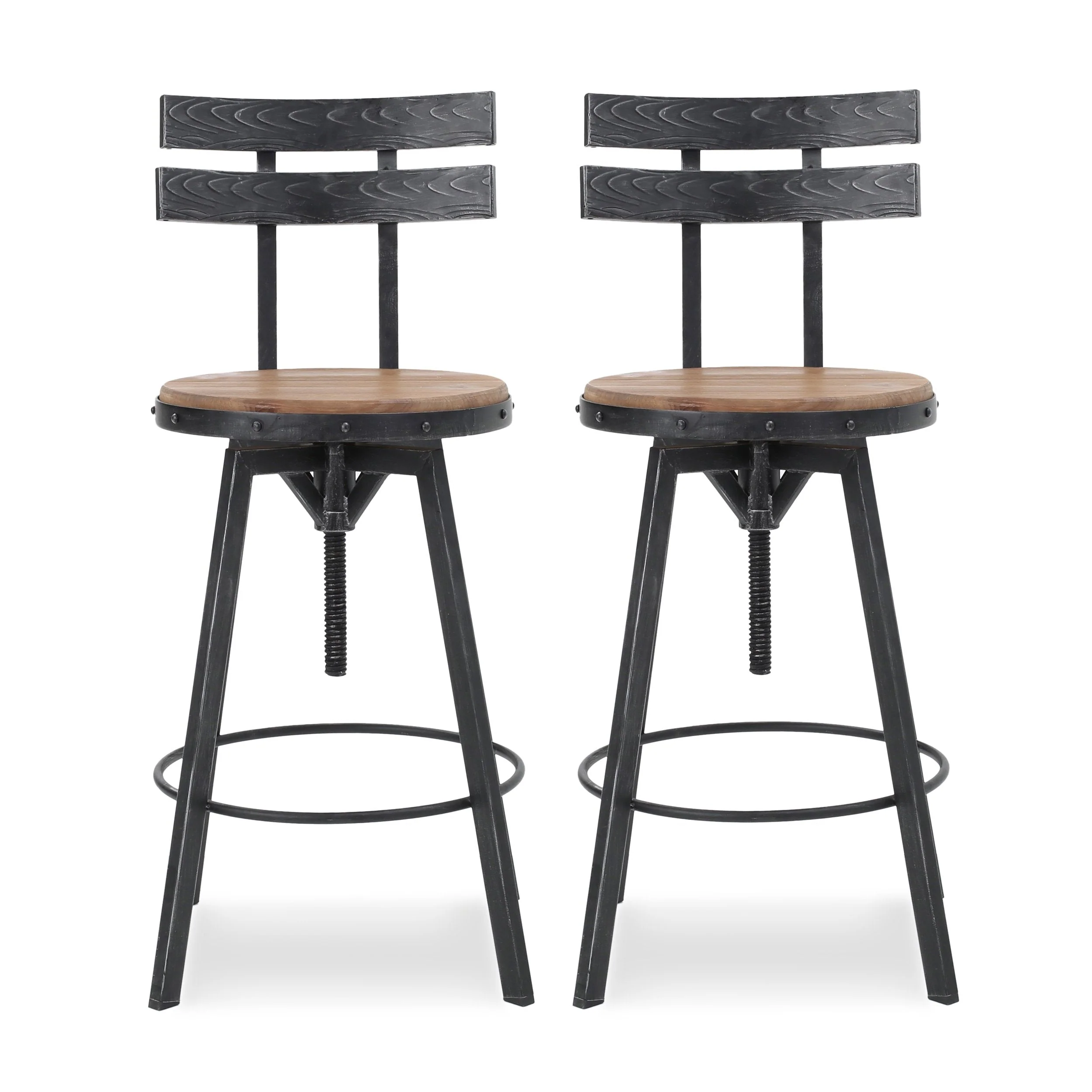 Modern Industrial Firwood Adjustable Height Swivel Barstools, Set of 2, Natural and Black Brushed Silver - NH317413