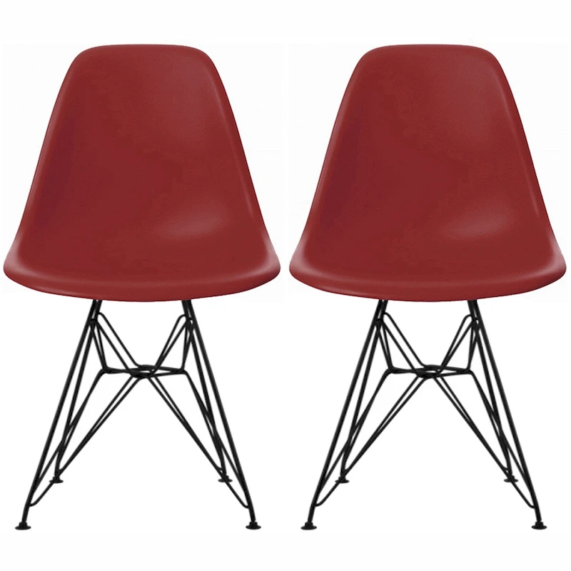 Set of 2 Mid-Century Modern Dining Side Chairs Armless Plastic Shell Seat with Black Metal Wire Eiffel Base, White