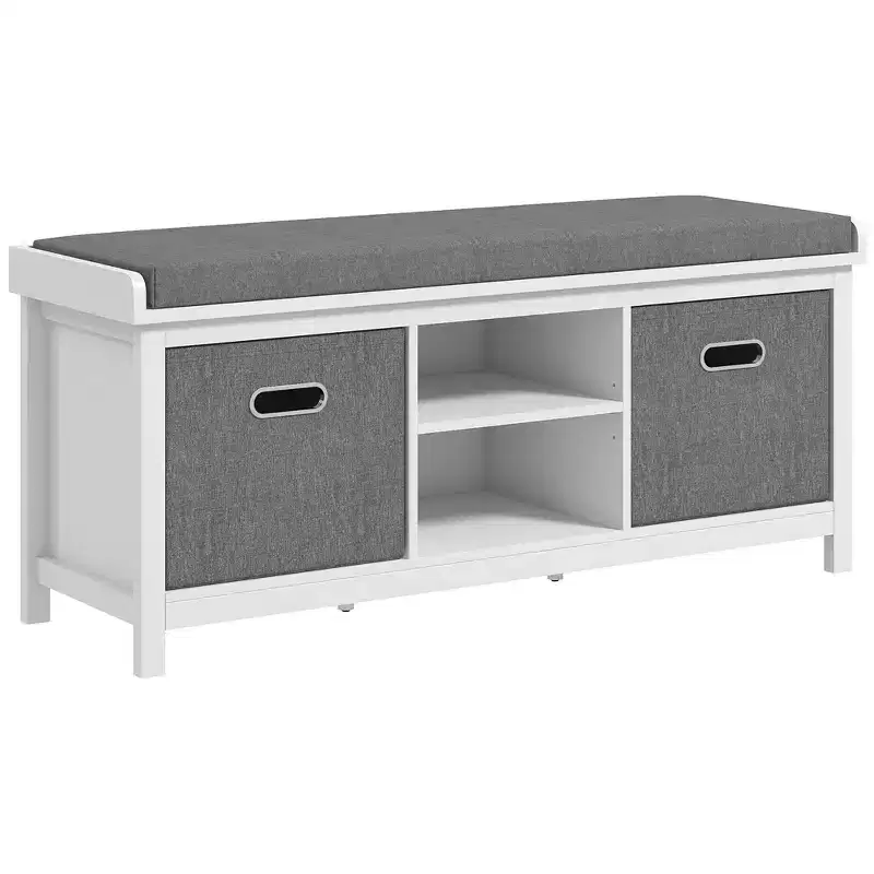 White Upholstered Storage Bench with 2 Drawers, 1-Seat