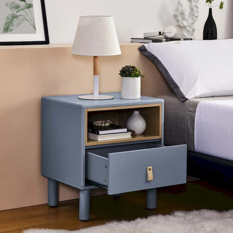 Nightstand - MDF & Solid Wood, 1 Drawer, Open Shelf, Leather Handles, 18.9W x 21.65H, Modern