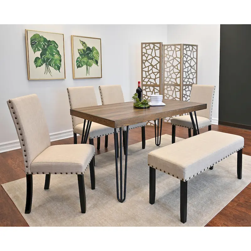 Roundhill Furniture Amisos 6-Piece Dining Set, Hairpin Dining Table with 4 Chairs and Upholstery Bench