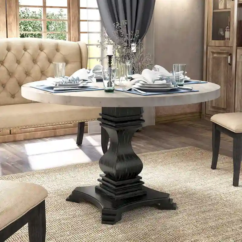 Brec Farmhouse Marble Top 5-Piece Round Dining Table Set with Tufted Chairs by Furniture of America