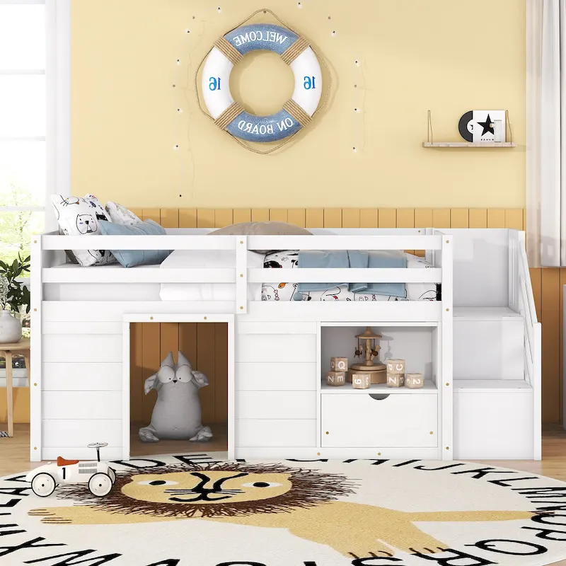 Twin Solid Wood Low Loft Bed with Stair & Drawer