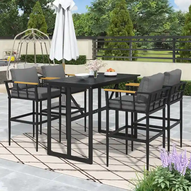 Outdoor 5 Piece Iron Dining Set with 4 Chairs Removable Cushions Modem Dining Table Chair Set for Patio, Courtyard
