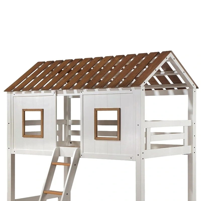 Wooden Twin Over Twin Bunk Bed in White and Rustic Oak