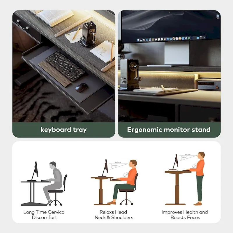 FEZIBO Height Adjustable Electric Standing Desk with Double Drawers&Keyboard Tray, Stand Up Desk with LED Strips