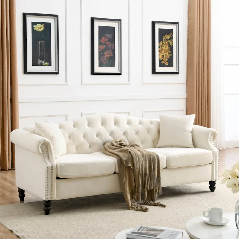 79 Chesterfield Sofa Grey Velvet for Living Room, 3 Seater Sofa Tufted Couch with Rolled Arms and Nailhead