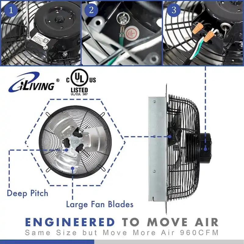 iLIVING 12 Inch Variable Speed Shutter Exhaust Fan (Wall-Mounted)