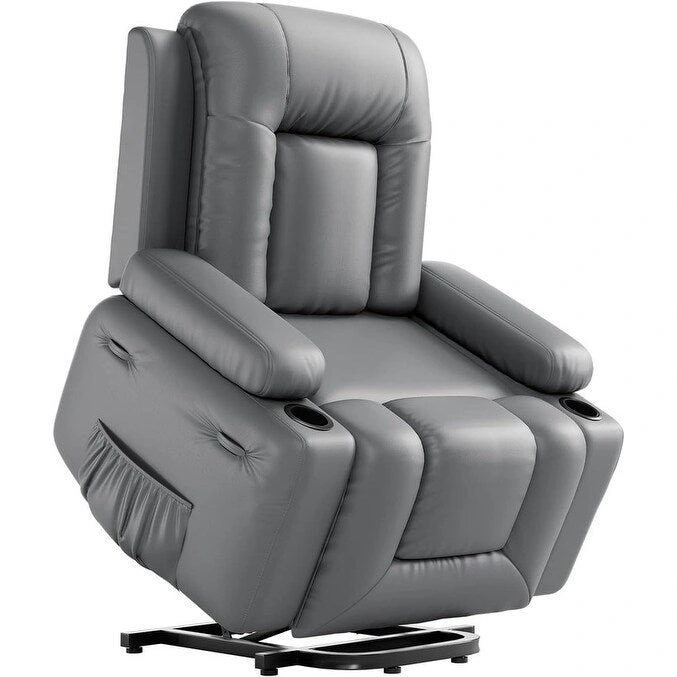 Power lift recliner chair with massage, cup holders, and side pocket.