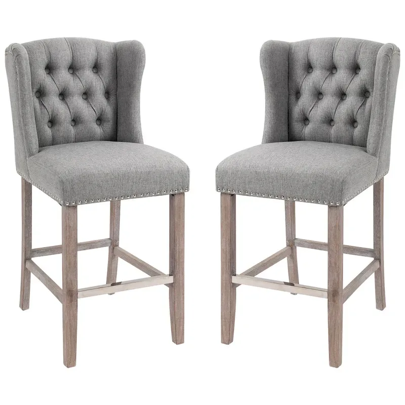 HOMCOM 2 Piece Counter Height Barstools Kitchen Breakfast Stools with Nailhead-Trim and Tufted Back, Solid Wood Legs