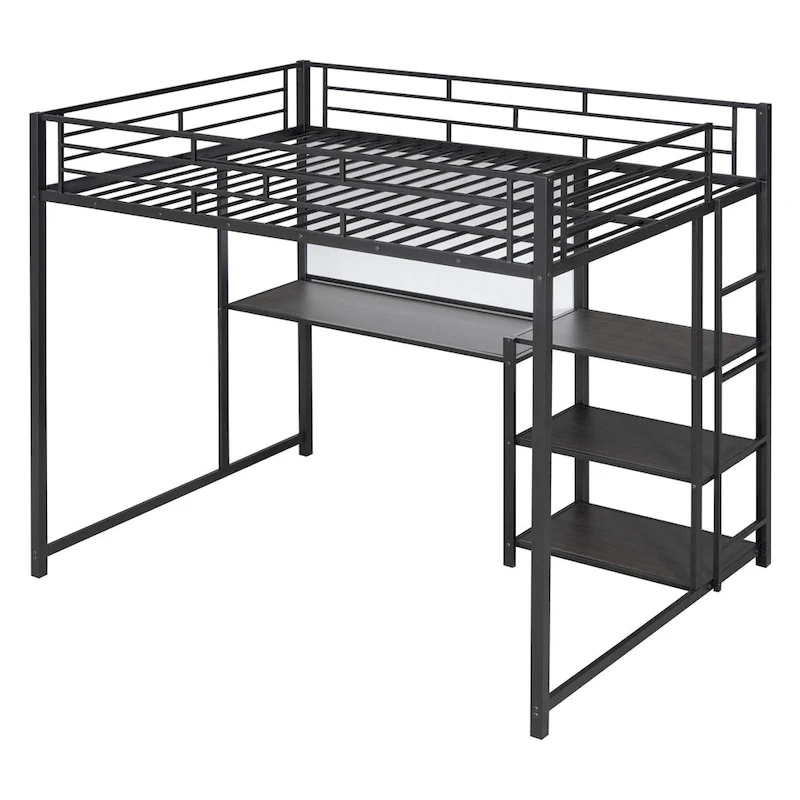 Metal Loft Bed with 3 Shelves and Ladder