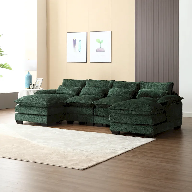 110.63 Modern U-Shaped Chenille 4 Seater Sectional Sofa with Double Cushions, 2 Chaise and High-Density Foam