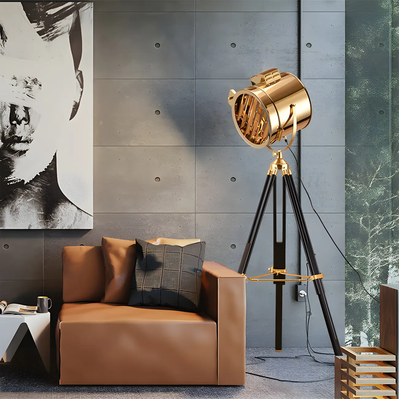 Industrial Gold Metal Tripod Standing Floor Lamp