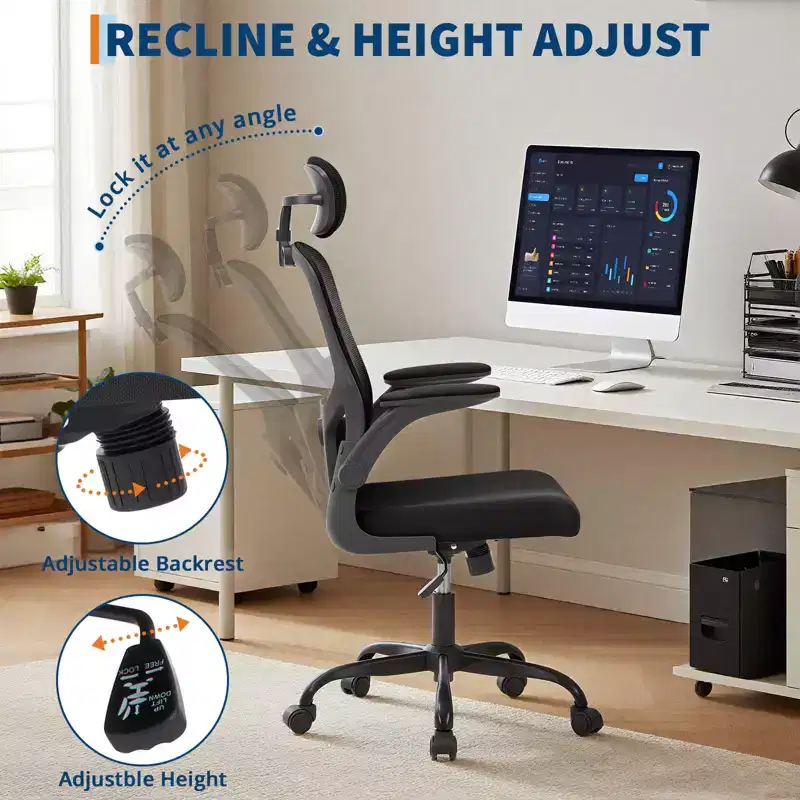 Premium Ergonomic High-Grey Mesh Office Chair - Adjustable Headrest & Reclining Backrest, 360 Swivel - Silent Casters, Skin-Friendly & Durable
