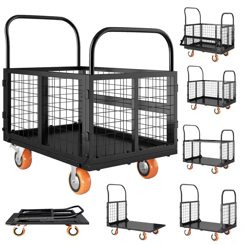 2000Lbs Platform Truck Cart with Cage,Heavy Duty 6-in-1 Folding Hand Truck Cage Carts, Foldable Push Cart Dolly