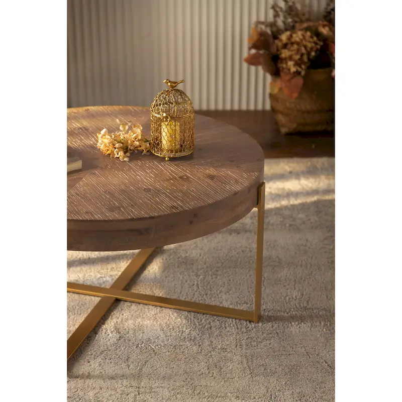 Natural Wood Round Coffee Table with Metal Cross Legs